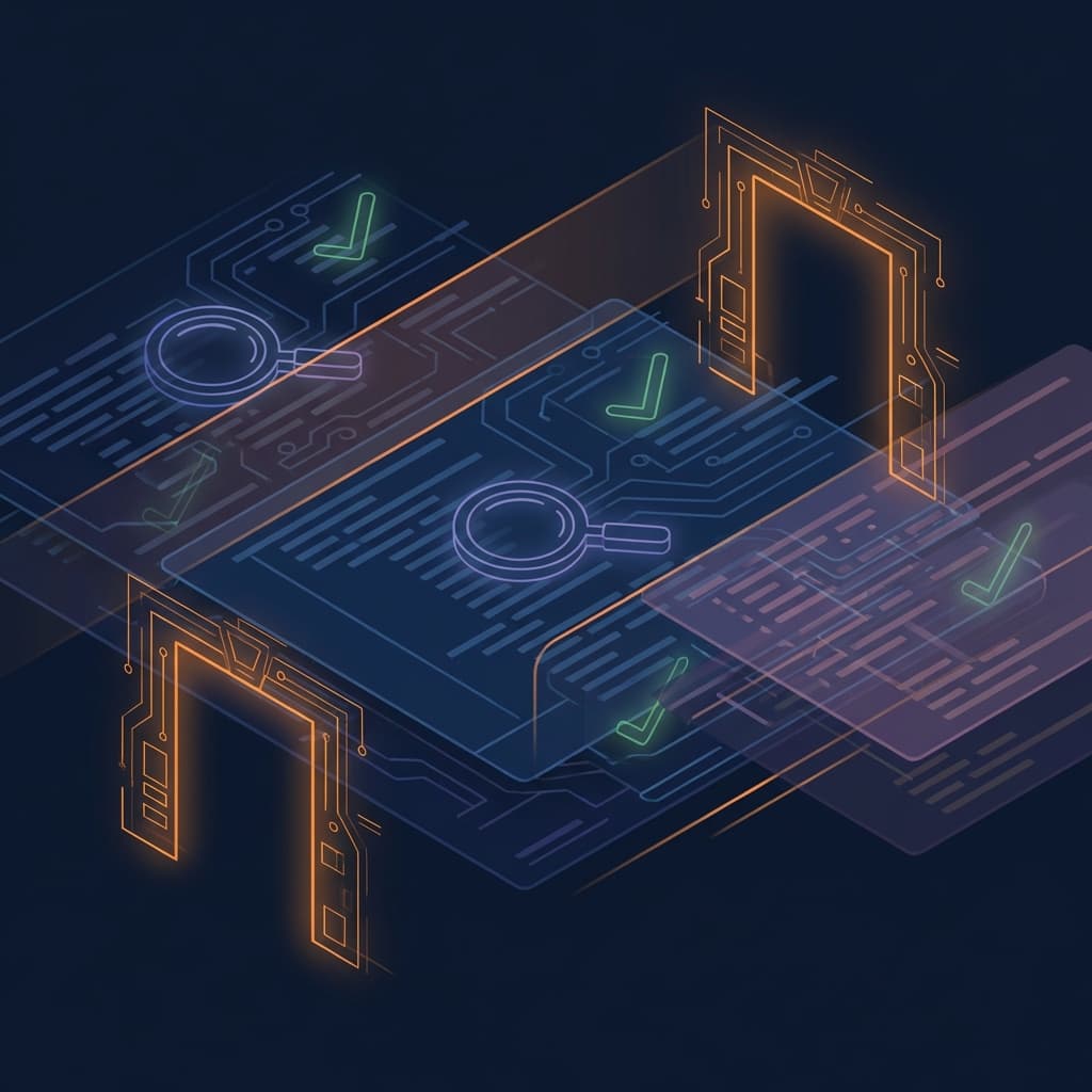 Code review illustration showing pull request feedback improving software quality and safety.