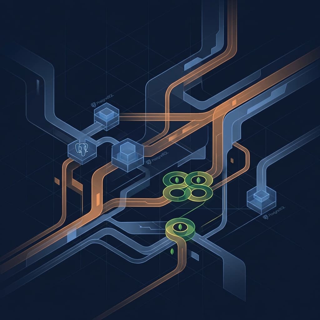 Database comparison illustration showing PostgreSQL and MongoDB decision paths for startups.