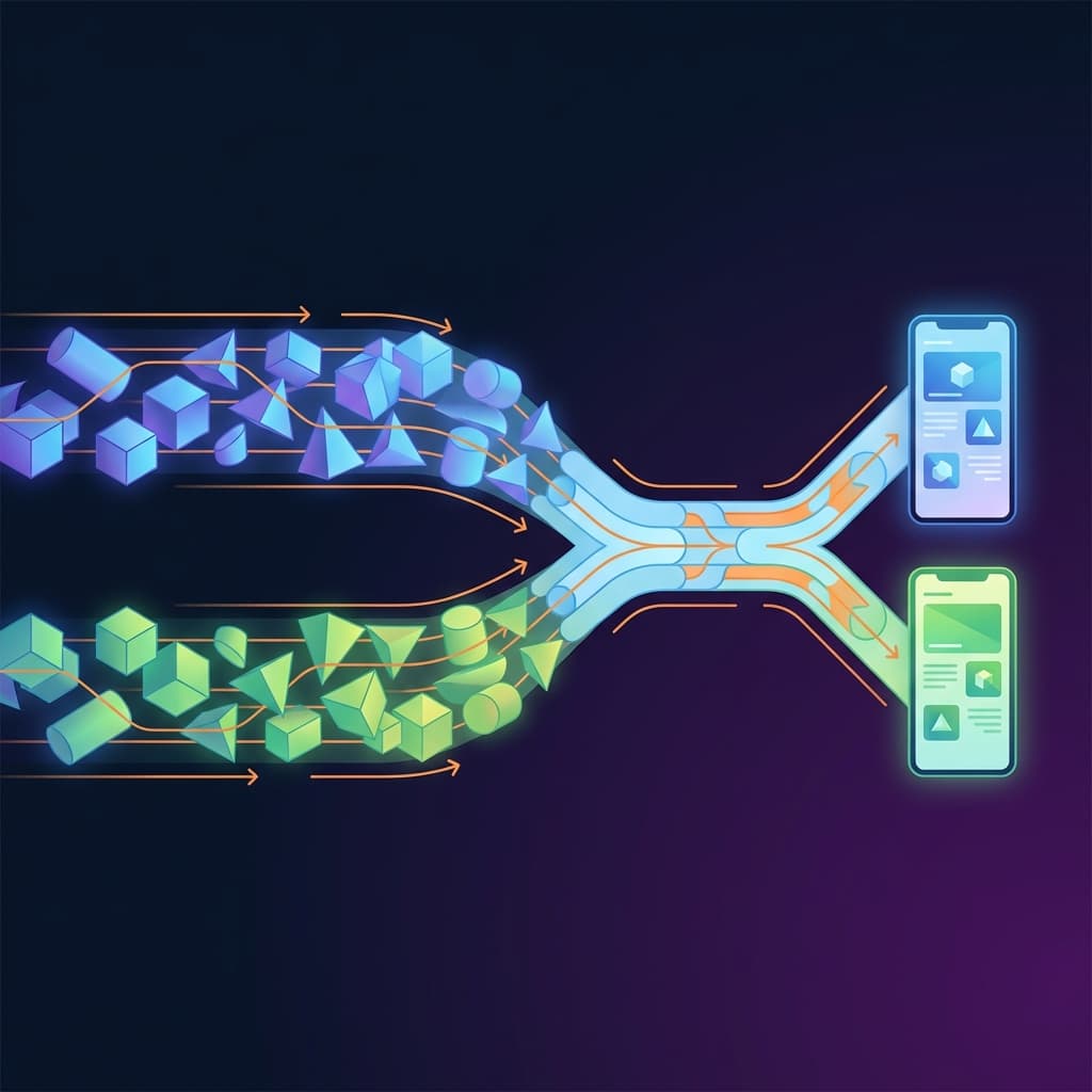 Abstract illustration comparing React Native and Flutter paths for startup mobile development.